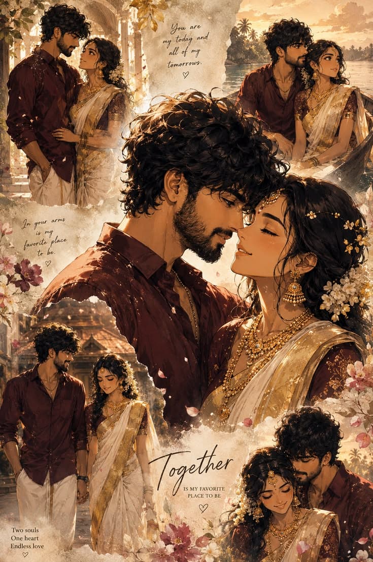 Luxury Romantic Kerala Couple Collage Prompt (Dreamy Wedding Editorial Style)